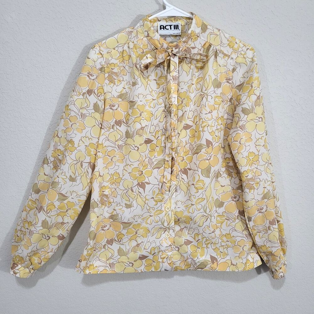 ACT III Vintage Blouse Women's Size Medium Butter Yellow Floral Bow Neckline - Picture 2 of 16